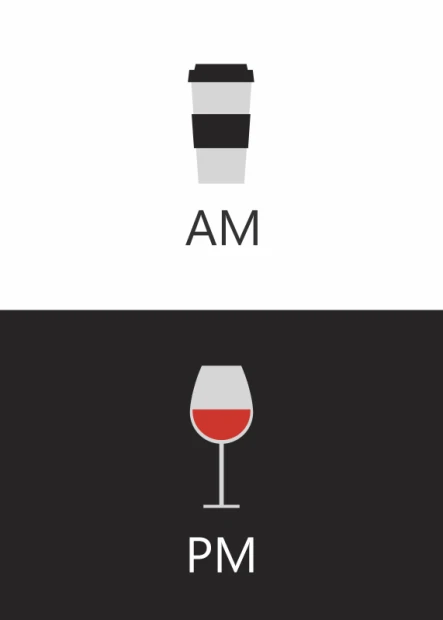 AM PM 018 Poster - Graphic design featuring a coffee mug shape above a wine glass, with AM and PM text.