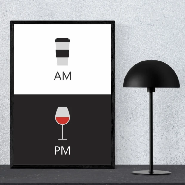 Am Pm 018 Poster - Graphic design featuring two rectangles: top with a mug, bottom with a glass.