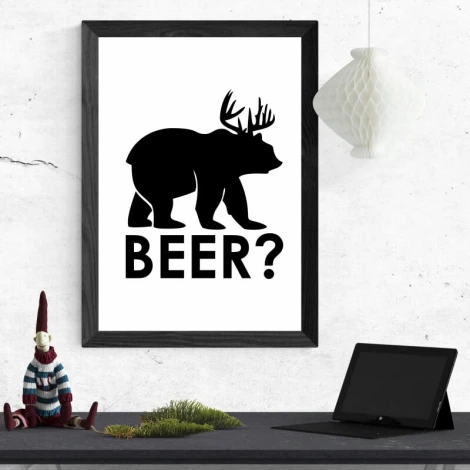Beer? 017 poster - Graphic design featuring a black silhouette of a bear with antlers and the word BEER? on a white background.