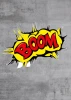 Boom 037 Poster - Graphic design with yellow BOOM text on a gray textured background.