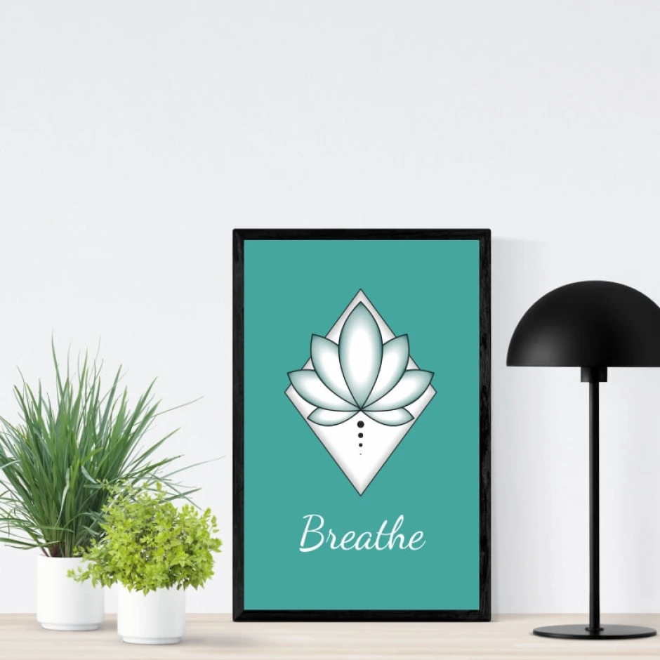 Breathe 036 poster featuring a lotus flower design in shades of green and white.