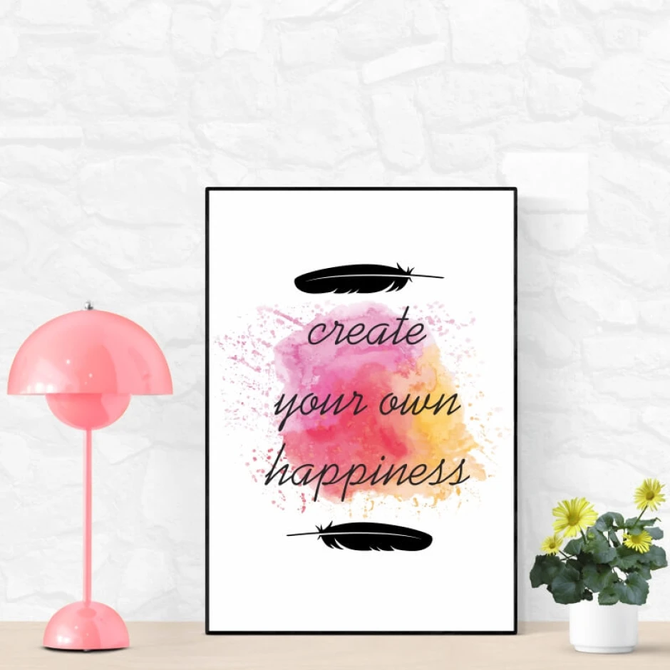 Create Your Own Happiness poster 041 - Graphic design with colorful splashes and black feathers on a white background.