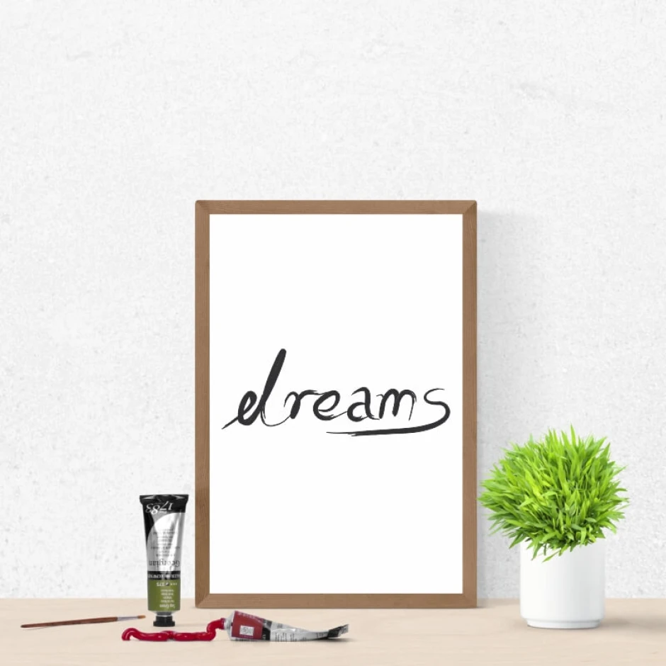 Dreams 023 Poster - Graphic design with black "dreams" text on a white background and subtle brush strokes.