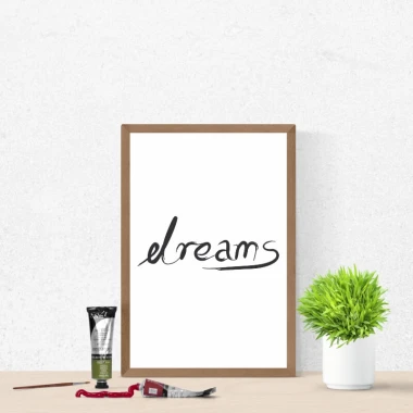 Dreams 023 Poster - Graphic design with black "dreams" text on a white background and subtle brush strokes.