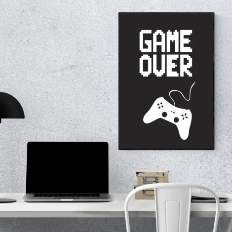 Game Over 001 poster - Office setup with light walls, minimalist furniture, and a modern style.