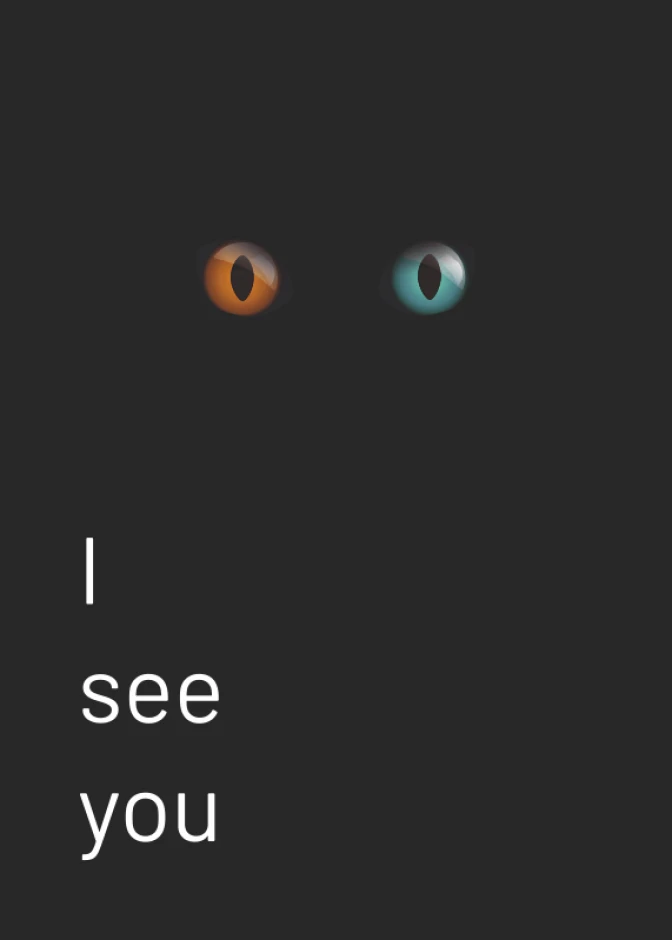 I see you 032 poster - Graphic design featuring two eyes in orange and blue on a dark background.