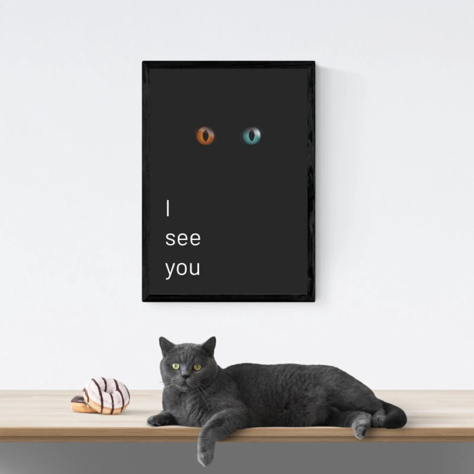 I see you 032 poster - Living room setup with dark walls, dark wood table, and a gray cat.