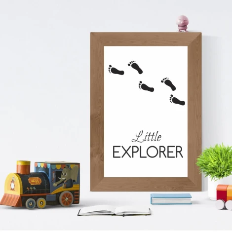 Little Explorer 016 poster - Graphic design featuring footprints on a white background with the text Little Explorer.