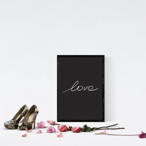 Love 025 Poster - Graphic design with a black background and white stylized "love" text.