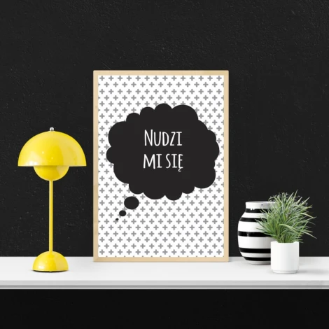 Poster "I\'m Bored" 004 - Graphic design with a black speech bubble on a white background and small gray crosses.