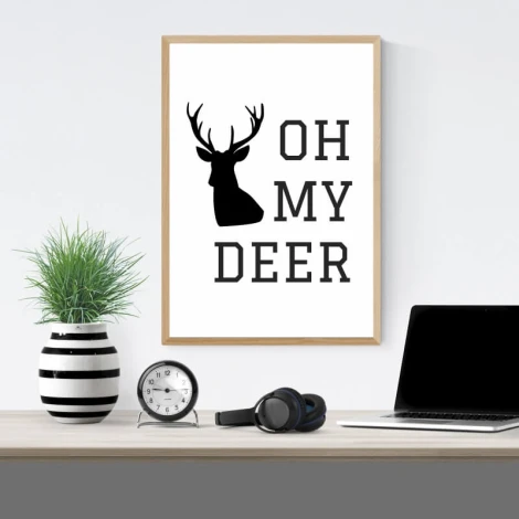 Oh My Deer 007 poster - Graphic design featuring a black stag with large antlers next to bold text.