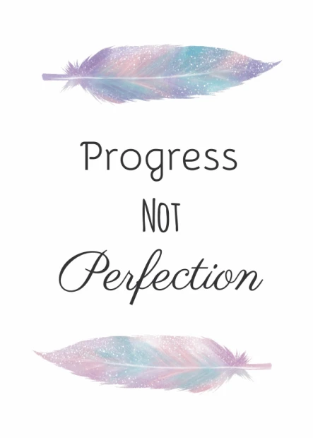 Progress not perfection poster 040 - Graphic design featuring two pastel-colored feathers surrounding the text.