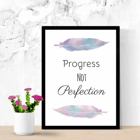 Progress not perfection poster 040 - Graphic design. Two pastel-colored feathers on a white background with black text.