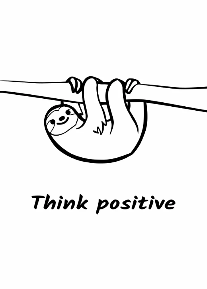 Think Positive 014 poster - Graphic design featuring an elephant hanging from a branch with the text "Think positive" below.