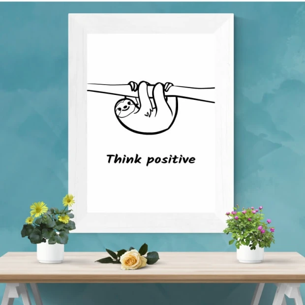Think Positive 014 poster featuring a sloth hanging from a branch with the text "Think positive."
