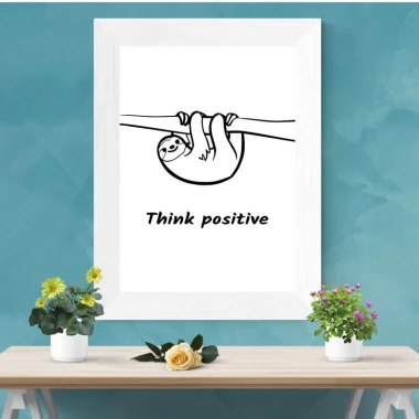 Think Positive 014 poster featuring a sloth hanging from a branch with the text "Think positive."