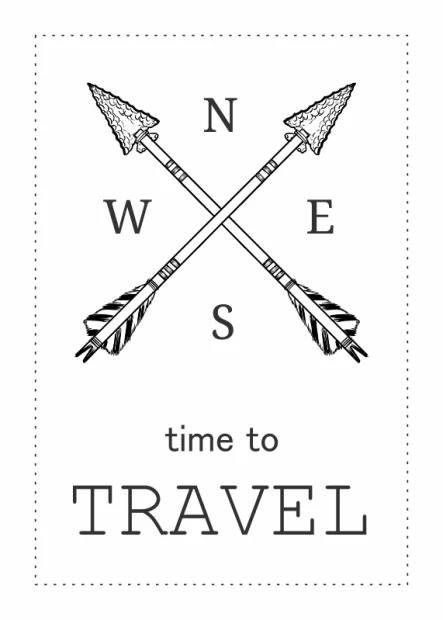 Time to Travel 013 poster featuring intersecting arrows with N, S, E, W labels and the phrase time to TRAVEL.