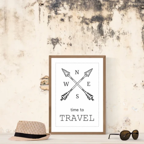 Time to Travel 013 poster - Graphic design featuring two intersecting arrows with N, S, E, W direction indicators.