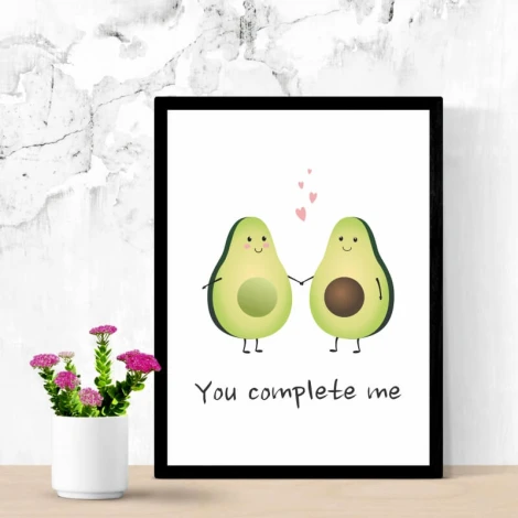 You complete me 034 poster - Graphic design featuring two avocados holding hands with hearts above them.