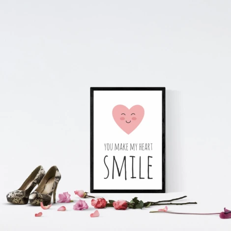 Poster You Make My Heart Smile 035 - Styled in a room with light walls, flowers, and shoes on the floor.