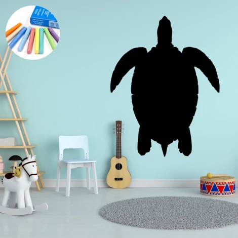 Chalk sticker for kids - turtle design in a bright nursery with wooden furniture and a rug.