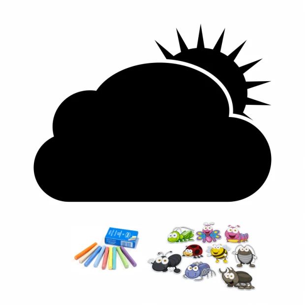 Chalkboard magnetic board for kids, featuring a sun and cloud design with an oval cloud and sun rays.