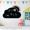 Chalkboard magnetic board for kids, sun and cloud design with drawings of flowers, bees, and butterflies.