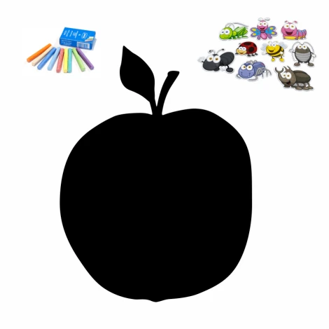 Magnetic chalkboard apple 026 - Apple shape with a leaf, alongside crayons and colorful magnets.