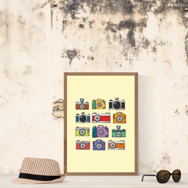 Photography camera poster 081 - Room arrangement. Beige wall with visible signs of wear.