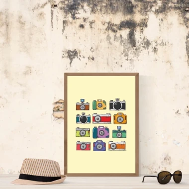 Photography camera poster 081 - Room arrangement. Beige wall with visible signs of wear.