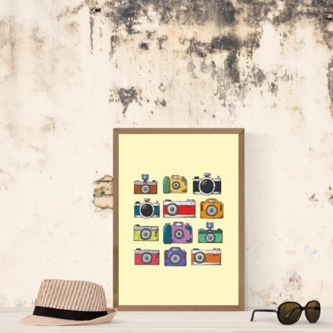Photography camera poster 081 - Room arrangement. Beige wall with visible signs of wear.