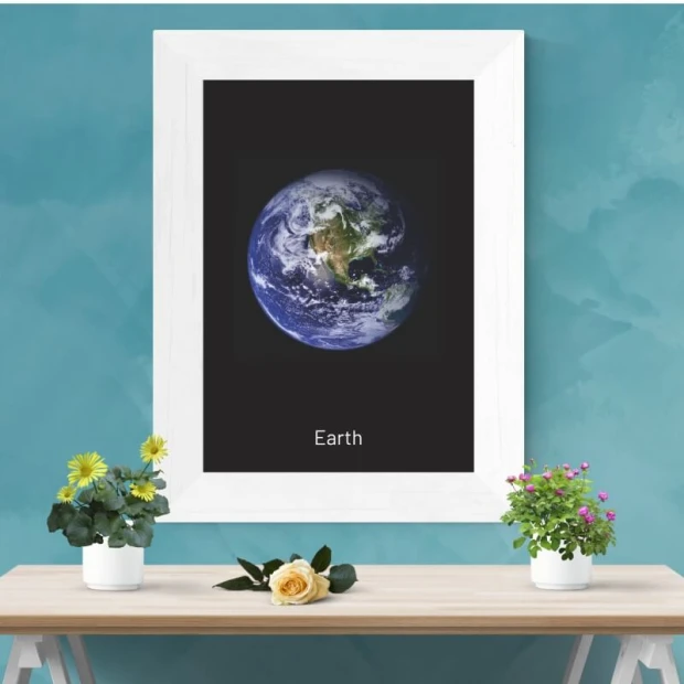 Earth 063 poster - Living room arrangement with blue walls and minimalist furniture.
