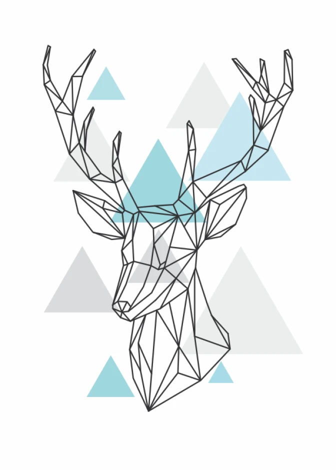 Deer Poster 051 - Graphic design featuring a geometric deer silhouette with triangular elements in the background.