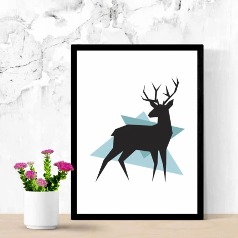 Deer Poster 055 - Graphic design featuring a black deer against a backdrop of blue shapes.