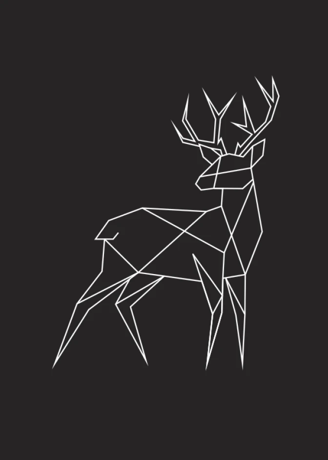 Deer Poster 056 - Graphic design featuring a geometric deer in white outlines on a black background.