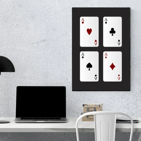 Poster card 080 - Office arrangement. Gray walls, minimalist furniture, black lamp, and laptop.