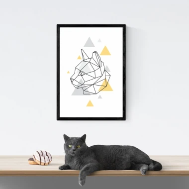 Cat Poster 053 - Graphic design featuring a cat shape made of lines and triangles in shades of gray and yellow.