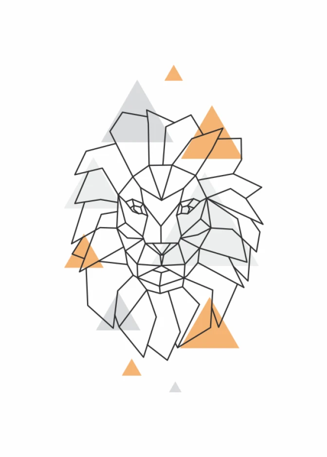 Lion Poster 054 - Graphic design featuring a geometric lion in shades of gray and orange with triangular elements.