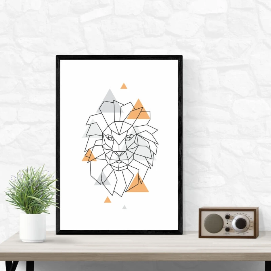 Lion Poster 054 - Graphic design featuring a geometric composition of a lion in shades of gray and orange.