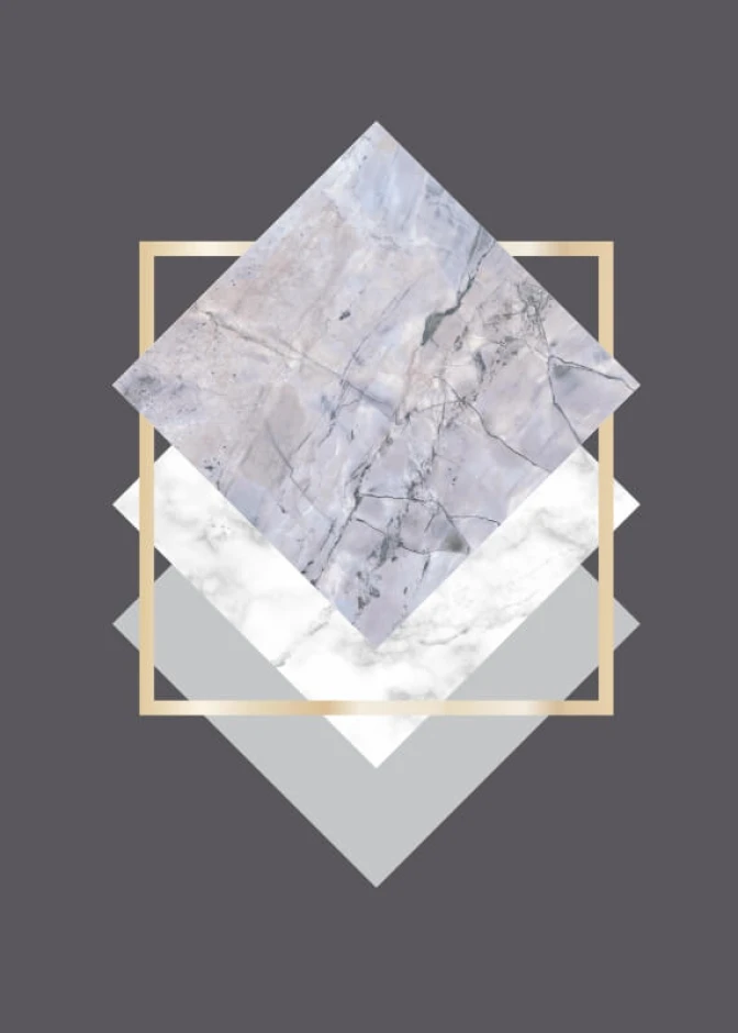 Marble Squares 058 Poster - Graphic design featuring gray and white squares with a gold frame.