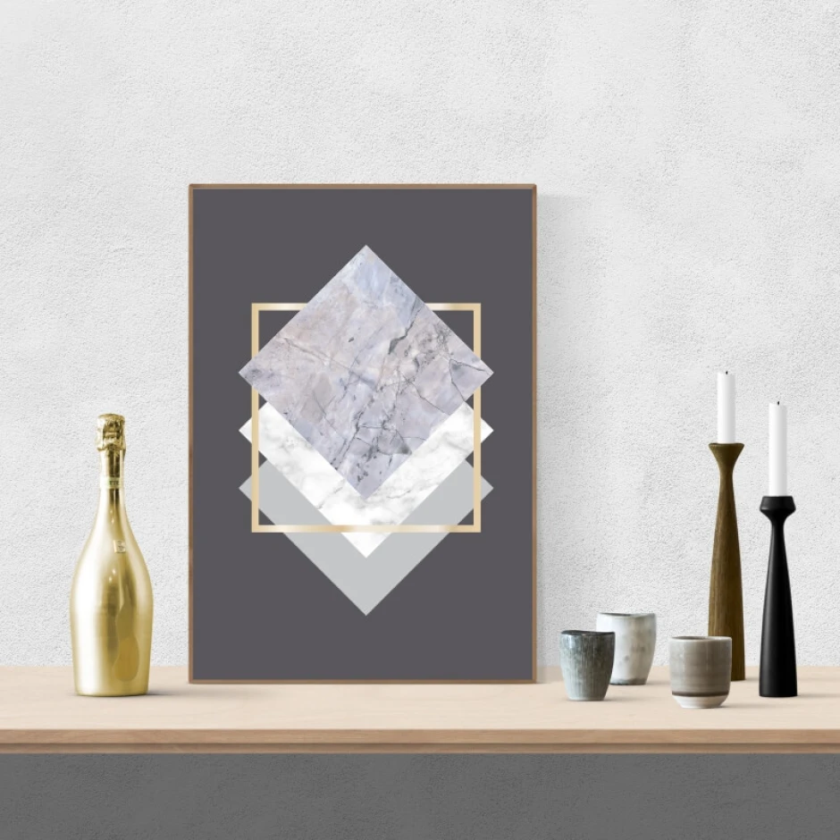 Marble Squares 058 Poster - Living room arrangement with gray walls and minimalist furniture.