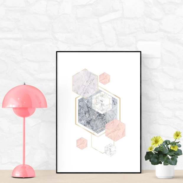 Hexagon Marble Poster 061 - Room decor with light-colored walls and a pink lamp.