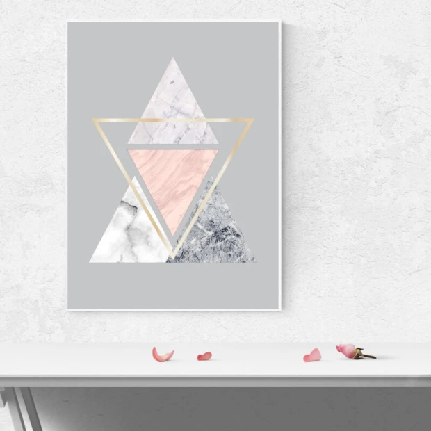 Marble Triangles 062 Poster - Graphic design featuring triangles in various shades of gray and pink.