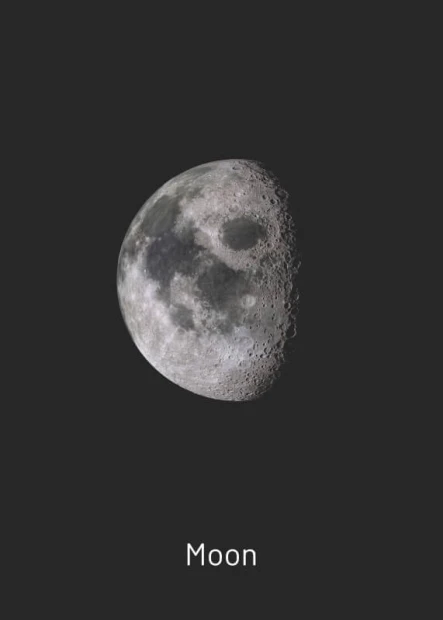 Moon 065 Poster - Graphic design featuring a moon phase on a dark background with visible craters and details.