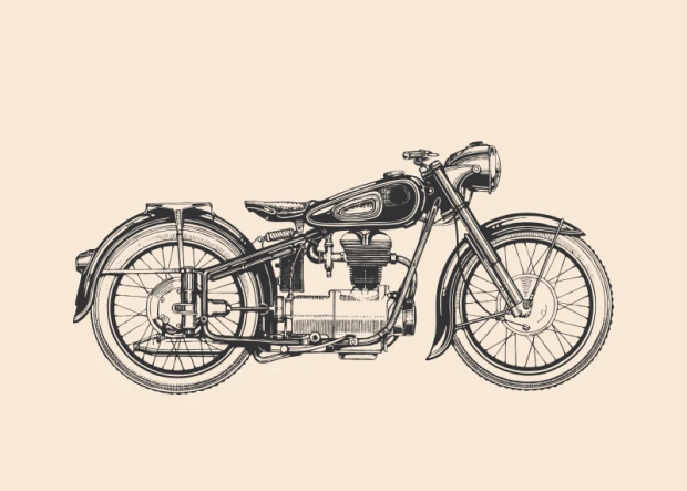 Motorcycle poster 087 - Graphic design featuring a classic motorcycle in profile, highlighting engine and wheel details.