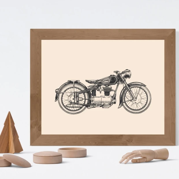 Motorcycle poster 087 - Graphic design featuring a side view of a motorcycle on a light background with detailed construction and wheels.