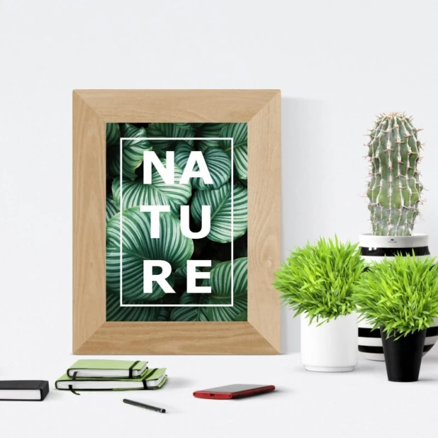 Nature 048 poster - Graphic design featuring green leaves with the word NATURE in a white frame.