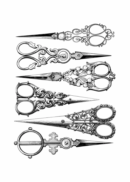 Scissors poster 082 - Graphic design featuring six decorative scissors in various shapes and styles.