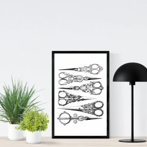 Scissors poster 082 - Graphic design featuring six pairs of scissors in various shapes on a white background.