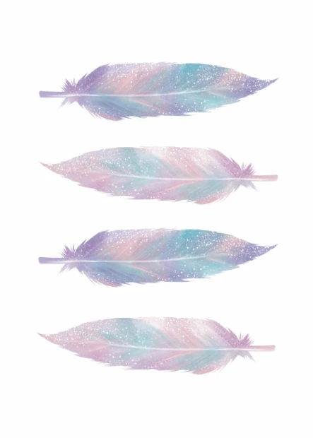 Feather poster 079 - Graphic design featuring four pastel-colored feathers with a subtle shimmer effect.